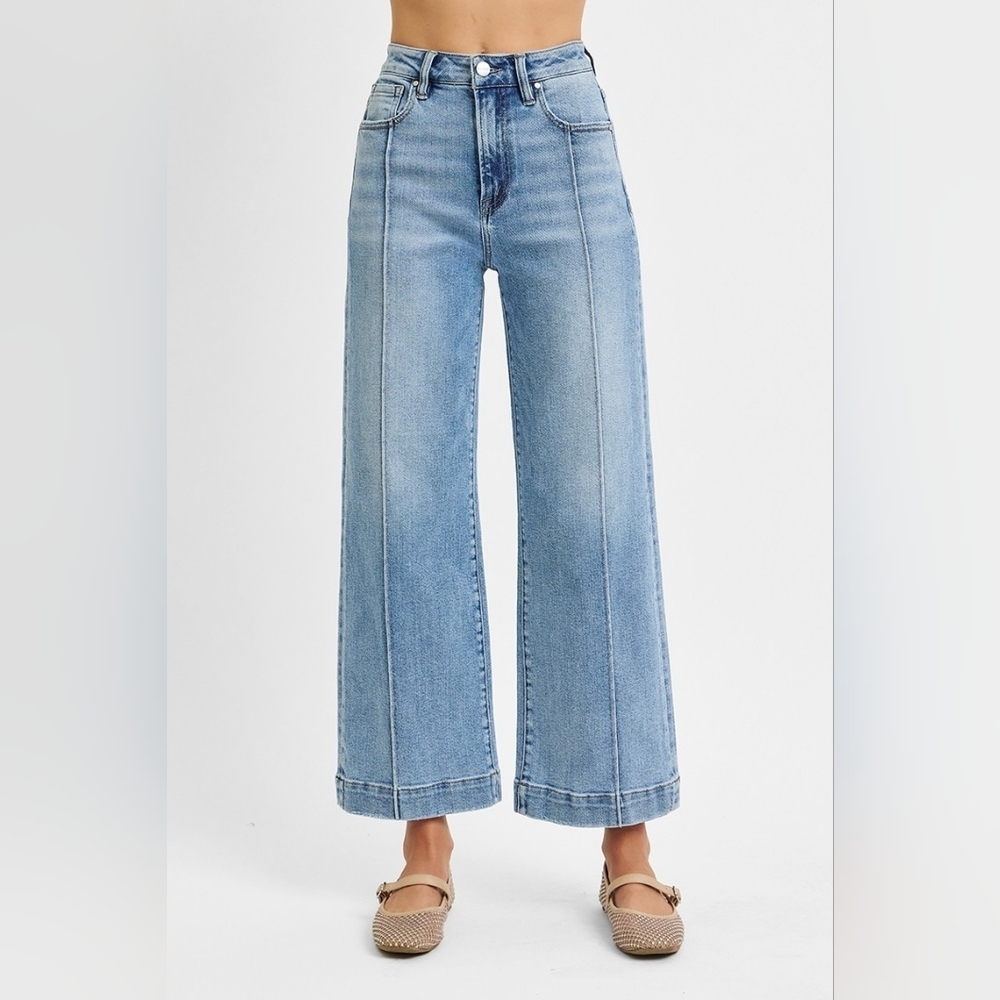 Risen High Rise Light Wash Wide Leg Cropped Ankle Jeans Front Seam Various NEW - Picture 2 of 6